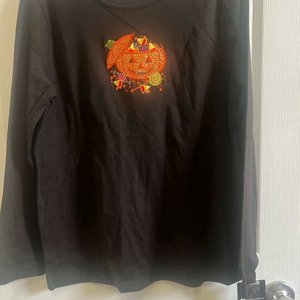 Designers Originals Black Long Sleeve Top with Orange Pumpkin Design‎ - Picture 3 of 6